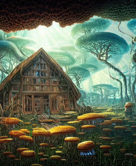 Prompt: a mammoth schoolhouse made from jellyfish, overgrown with huge exotic fungus, deep in the woods, noon, sun drenched, partly cloudy, by dan mumford, yusuke murata, makoto shinkai, ross tran, cinematic, unreal engine, cel shaded, featured on artstation, pixiv