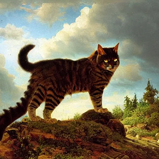 Image similar to huge gigantic cat in mountains, oil painting by Ivan Shishkin