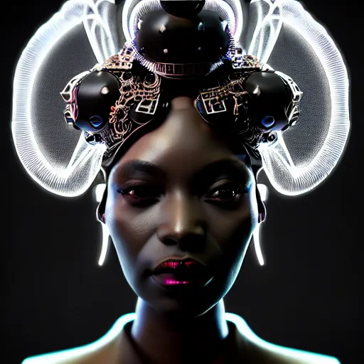 Image similar to portrait of an absurdly beautiful, graceful, sophisticated, fashionable black cyberpunk mechanoid gravure idol, hyperdetailed illustration by irakli nadar, maria borges, matt wisniewski style, intricate linework, dark black skin, neon jellyfish headdress, ivory carved ruff, unreal engine 5 highly rendered, global illumination, radiant light, detailed and intricate environment