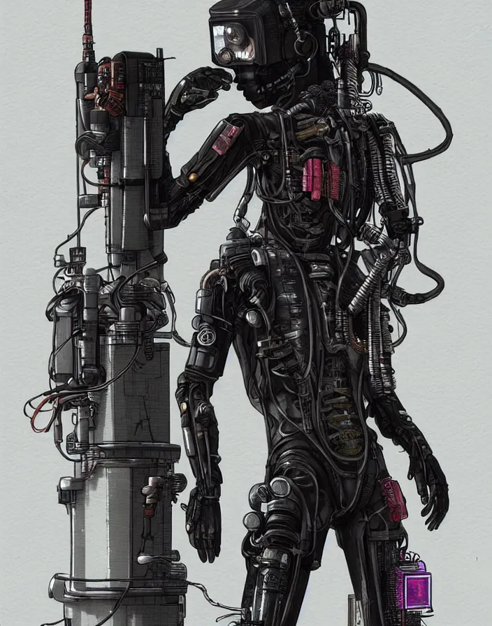 Image similar to realistic cyberpunk japanese engineer with long limbs and a black spacesuit carrying welder, techwear, dead space, visible face, Industrial Scifi, detailed illustration, character portrait, by Martin Grip and Moebius