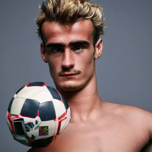 Prompt: a realistic detailed photo of a guy who is an attractive humanoid who is half robot and half humanoid, who is a male android, soccer player antoine griezmann, shiny skin, posing like a statue, blank stare, in a living room, on display, showing off his muscles