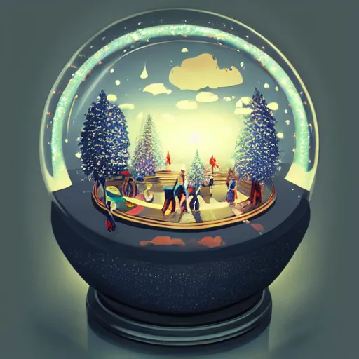 Prompt: summer weather inside a snowglobe. Beautiful colorful clouds in moody greys and blues. High quality digital art, trending on artstation