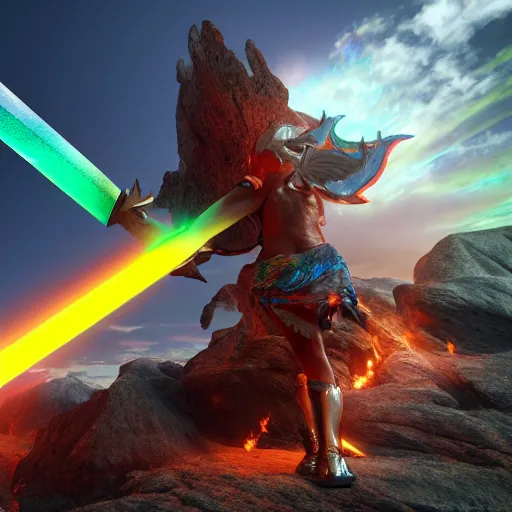 Image similar to a mythic legendary elemental multicolor sword creating a powerful aura, octane render, unreal engine, 3D, 8K, ultra detailed, as coherent as Dall-E 2