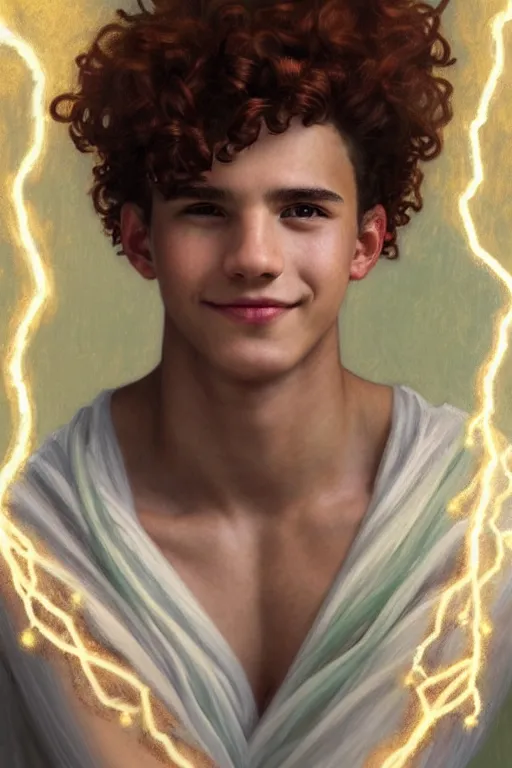 Image similar to portrait of teenage zeus, greek, short curly copper hair, smiling mischievously, wearing a white sash, olive tree, intricate, elegant, lightning bolt, glowing lights, highly detailed, digital painting, artstation, concept art, smooth, sharp focus, illustration, art by wlop, mucha, artgerm, and greg rutkowski