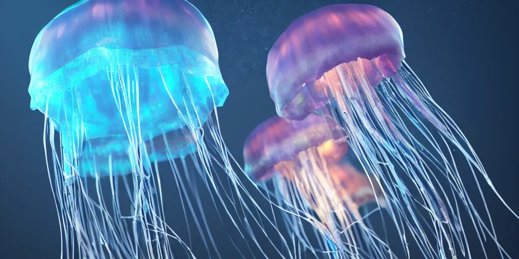 Prompt: jellyfish. this 4 k hd image is trending on artstation, featured on behance, well - rendered, extra crisp, features intricate detail and the style of unreal engine. volumetric lighting