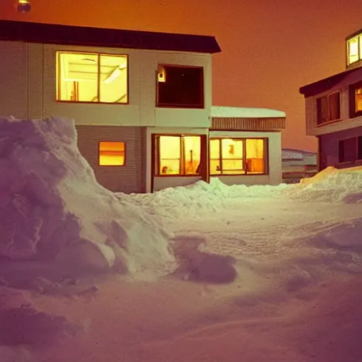 Prompt: an 8 0 s era house in antarctica at night