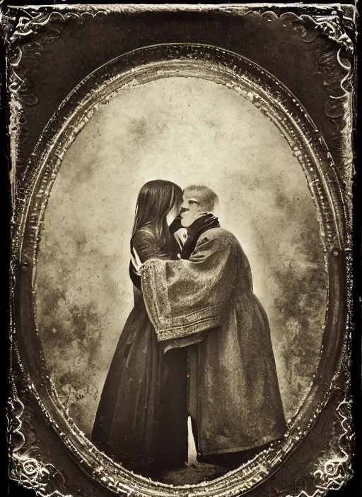 Image similar to old wetplate daguerreotype judas kiss of betrayal, fractal, intricate, elegant, highly detailed, parallax, leica, medium format, subsurface scattering, by jheronimus bosch and greg rutkowski and louis jacques mande daguerre