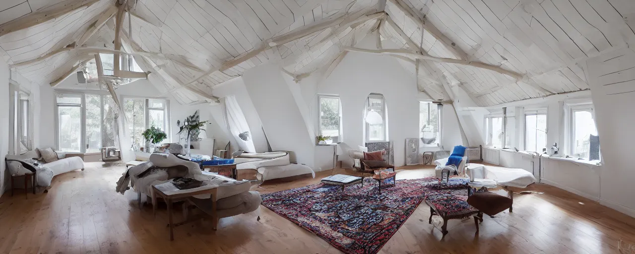 Prompt: low ceiling attic, with matte white painted ceiling, with 2 rectangular windows opposing each other, with a large square window in the back right corner of the room, with exquisite turkish and persian rugs on the polished plywood floor, XF IQ4, 150MP, 50mm, F1.4, ISO 200, 1/160s, natural light