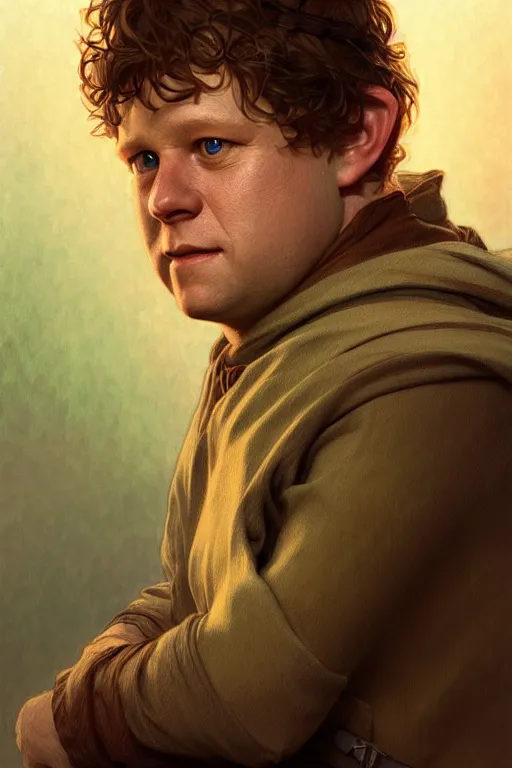 Prompt: a portrait of samwise gamgee, fantasy, sharp focus, intricate, elegant, digital painting, artstation, matte, highly detailed, concept art, illustration, ambient lighting, art by ilya kuvshinov, artgerm, alphonse mucha, and greg rutkowski