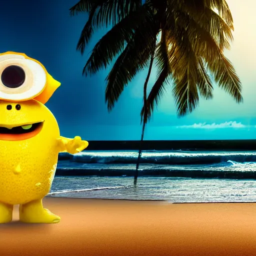 Image similar to 5 0 mm photograph, of a real anthropomorphic lemon character, with lemon skin texture, it is wearing a hat and scuba diving, building a sandcastle on the beach at sunset, beach, huge waves, sun, clouds, tropical trees, rim light, cinematic photography, professional, sand, sandcastle, volumetric lightening