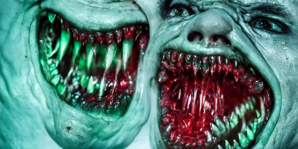 Prompt: a muscular slimy creepy monster, open mouth, with very long slimy tongue, dripping saliva, mouths inside mouths, macro photo, fangs, red glowing veins, thin blue arteries, green skin with scales, cinematic colors, standing in shallow water, insanely detailed 8 k artistic photography, dramatic lighting