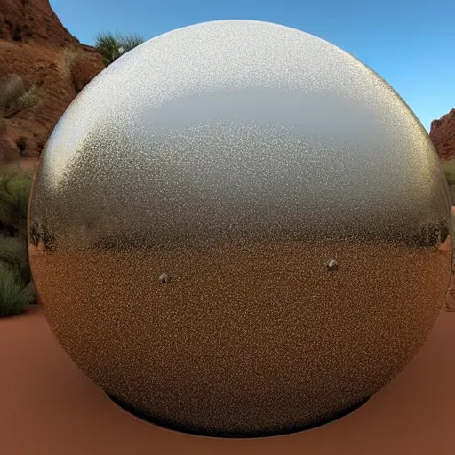 Image similar to a large metallic ball with a mirror finish sits in the arizona desert, photorealistic