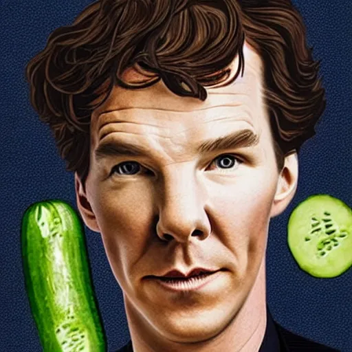 Prompt: benedict cumberbatch portrait made of cucumbers