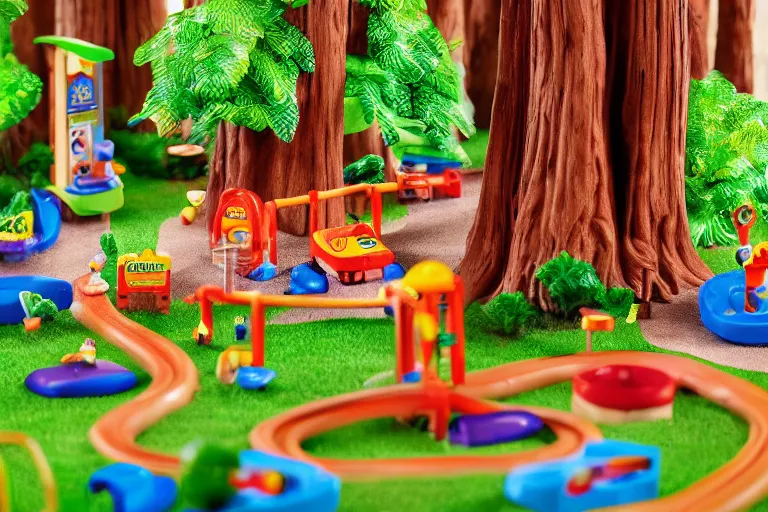 Prompt: fisher price redwood forest, california scene from tv show hyper detailed 5 5 mm 8 5 mm, toy photography, plastic coated