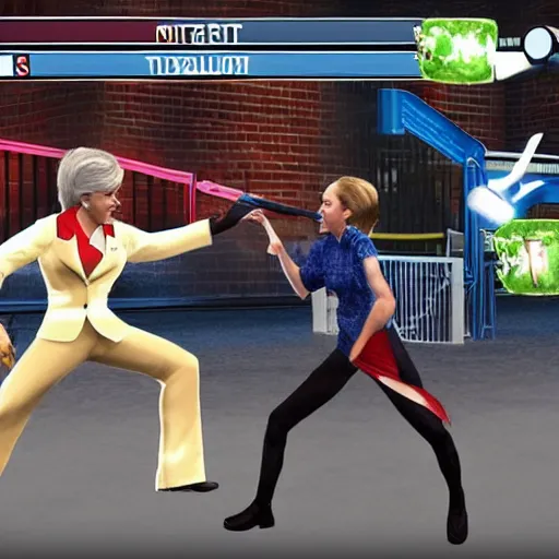 Prompt: Mortal Combat 5 screenshot of first Minister Nicola Sturgeon fighting British conservative Mp Liz Truss in battle