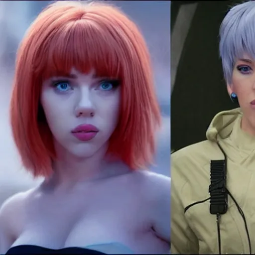 Image similar to still of Scarlett Johansson cosplaying as Rei Ayanami
