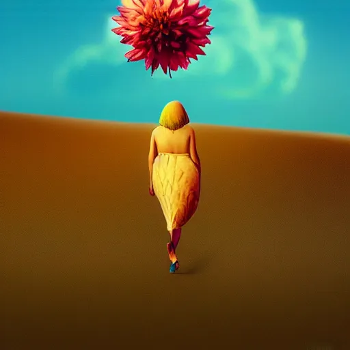 Image similar to closeup giant dahlia flower head, a girl walking between dunes, surreal photography, sunrise, blue sky, dramatic light, impressionist painting, digital painting, artstation, simon stalenhag