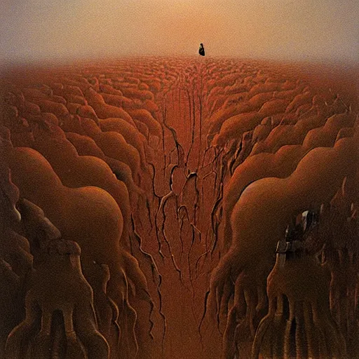 Prompt: Zdzisław Beksiński painting of the walking city