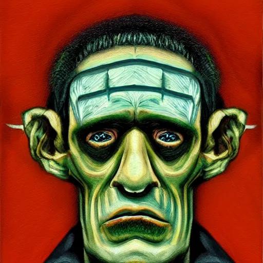 Image similar to frontal portrait of a sad frankenstein. a portrait by will kurtz.