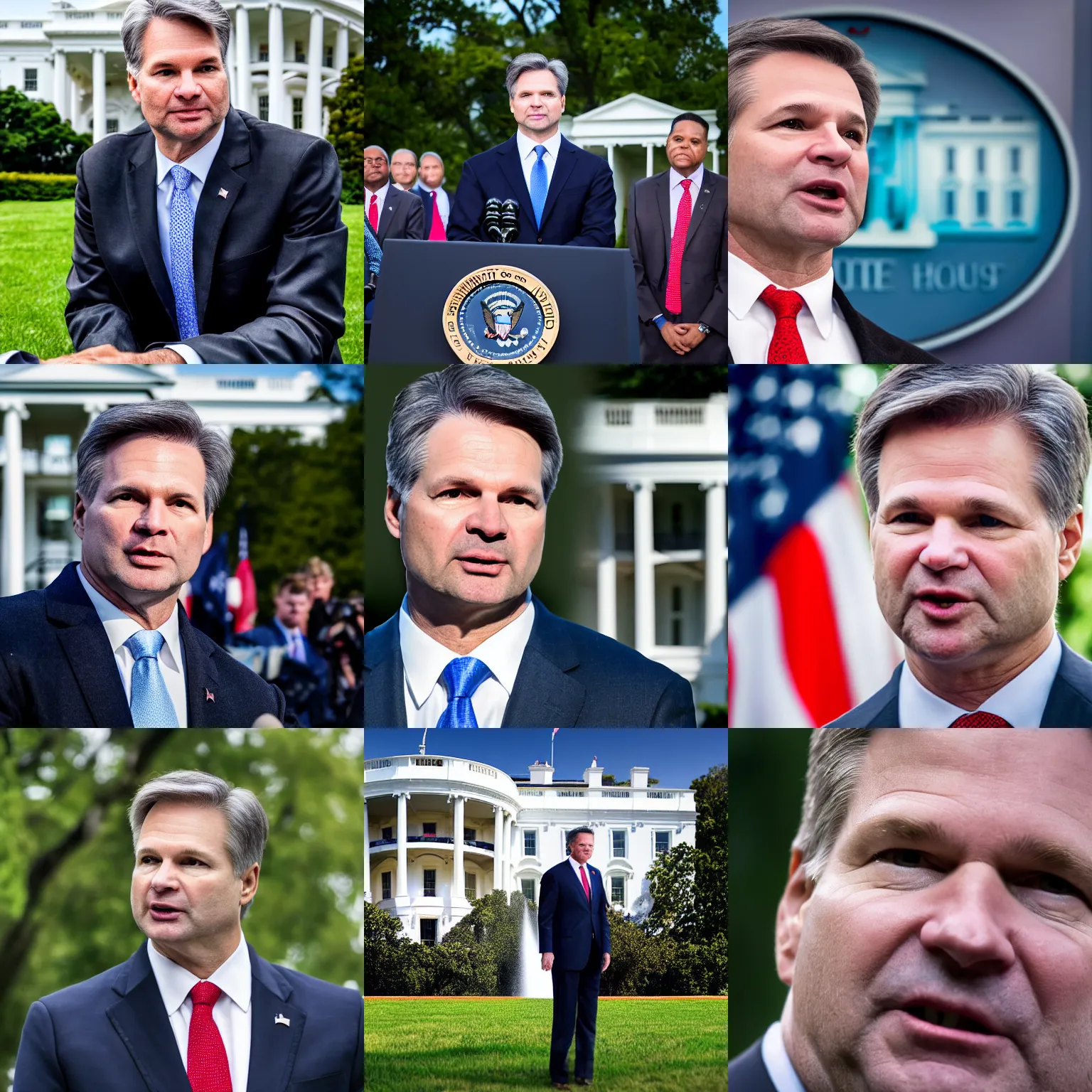 Prompt: headshot of Christopher Wray as the president of the united states speaking to reporters on the white house lawn, EOS-1D, f/1.4, ISO 200, 1/160s, 8K, RAW, unedited, symmetrical balance, in-frame, Photoshop, Nvidia, Topaz AI