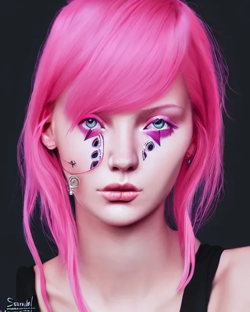 Image similar to portrait of beautiful girl with pink hair, low cut dress, boho chic. symmetry face, fine details. realistic shaded lighting, by sakimichan, kidmo, trending on pixiv, trending on artstation