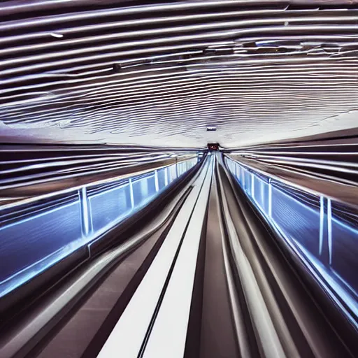 Image similar to approaching futuristic escalator inside white back glossy lit tube with streaming beams of light, building anticipation, scintillating, dichroic, movement, pastel gradients, 8 k, highly detailed, professional photograph, epic composition, modern details