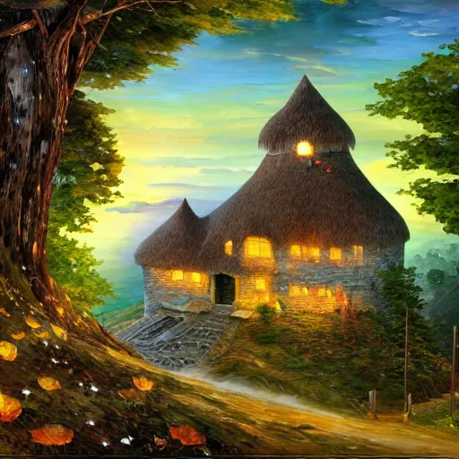 Image similar to cottage on hill cliff cryengine render by android jones, james christensen, rob gonsalves, leonid afremov and tim white