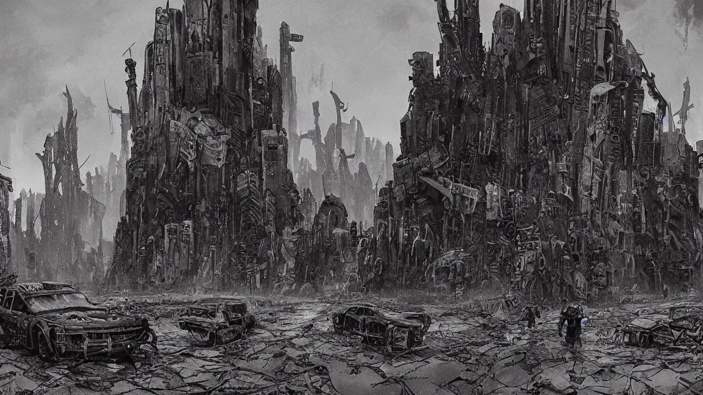 Prompt: group of survivors, post apocalypse remnants of civilization, machines, bleak, eerie atmospheric, by tsutomu nihei, gerald brom and vincent di fate, epic cinematic matte painting