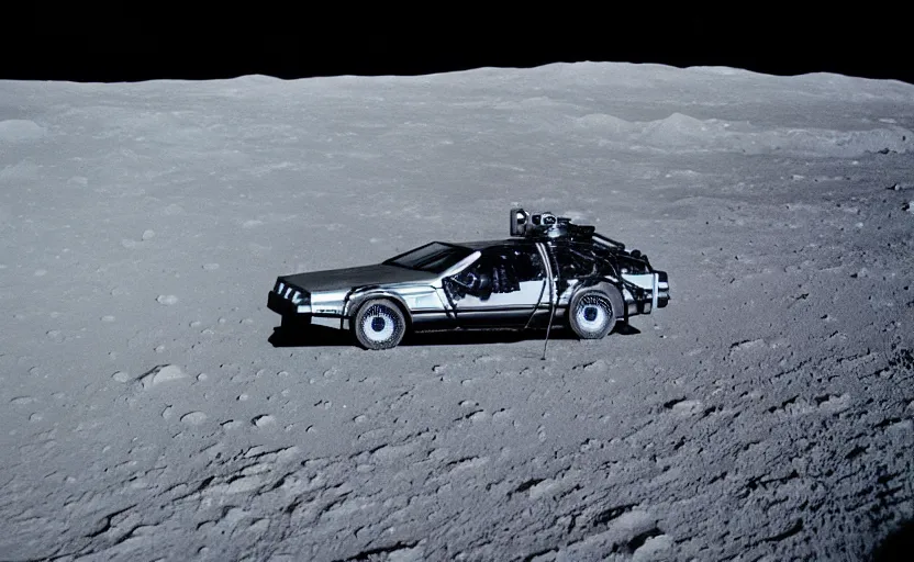 Prompt: a delorean on the moon taken from a super 8 camera, realistic, photoreal, 8 0 s