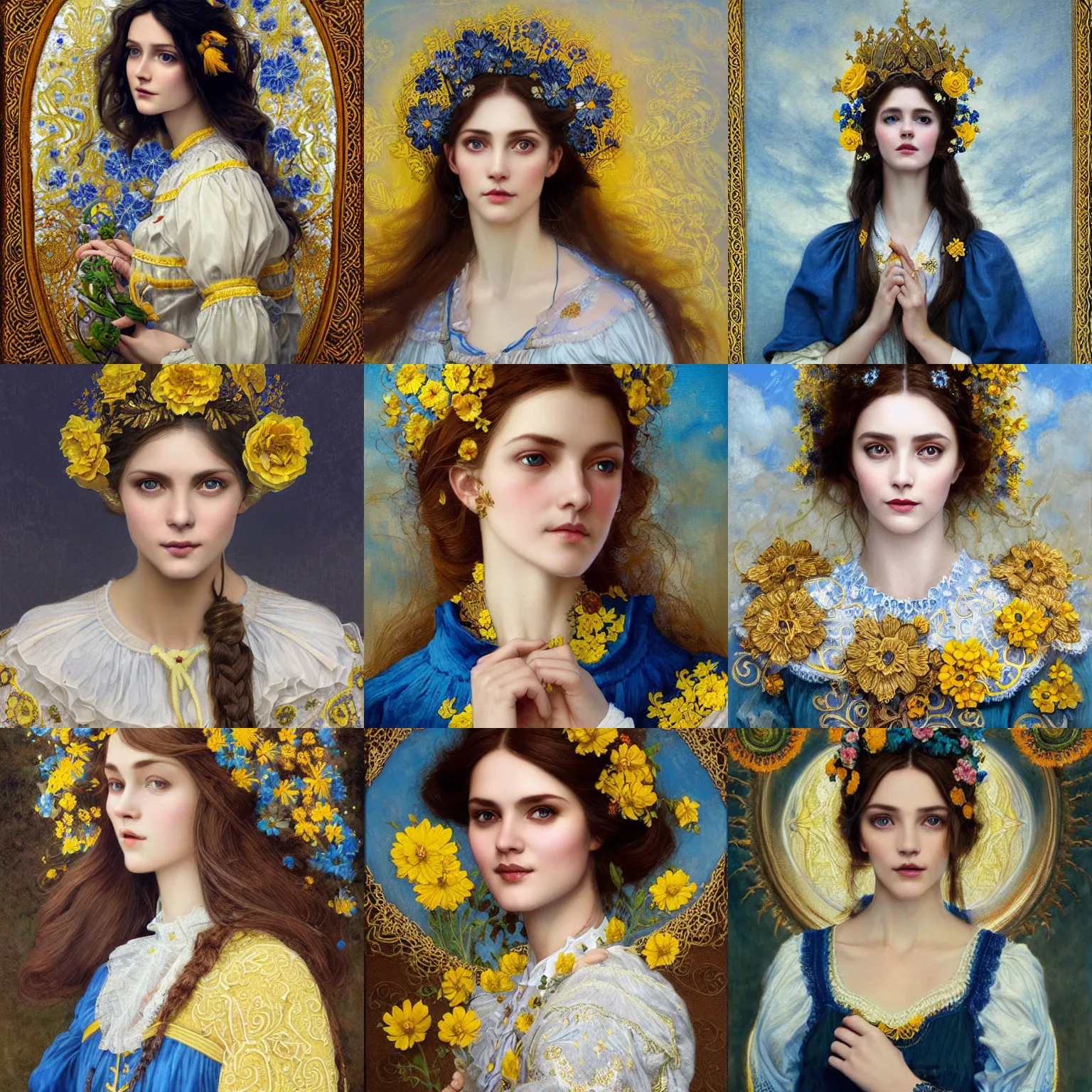 Prompt: brown haired lady in white embroidered shirt, ukrainian national costume, filigree crown with blue and yellow textile embroidery flowers, preraphaelite beautiful, playful smile, detailed portrait, intricate complexity, acryl painting in the style of charlie bowater, tom bagshaw, greg rutkowski