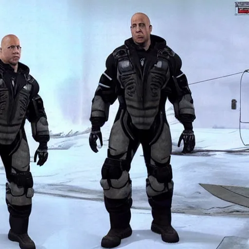 Image similar to Vin Diesel donning an HEV Mk. V suit starring in Half-Life 2 on the Borealis