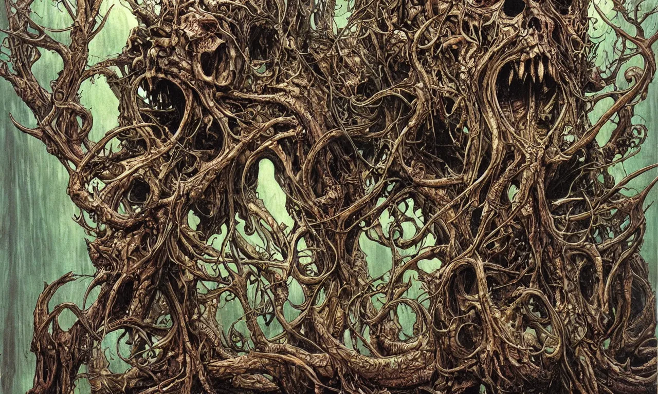 Image similar to hyperdetailed art nouveau portrait of treebeard as a cthulhu eyeball skull dragon monster, by micheal whelan, simon bisley and bill sienkiewicz, grim yet sparkling atmosphere, photorealism, claws, skeleton, antlers, fangs, forest, wild, crazy, horror, lynn varley, lovern kindzierski, steve oliff