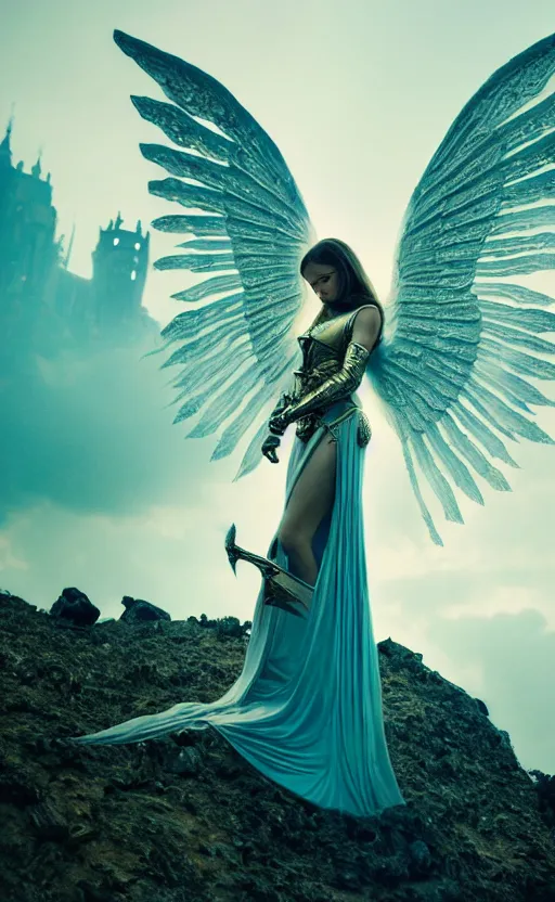 Prompt: angel, big wings, low key light, full plate armor with cloth, f 1 6, bokeh, medium portrait, gentle, female, ornate city ruins, landscape, d & d, fantasy, intricate, elegant, highly detailed, teal white gold color palette, roger deakins, sharp focus, greg rutkowski and alphonse mucha