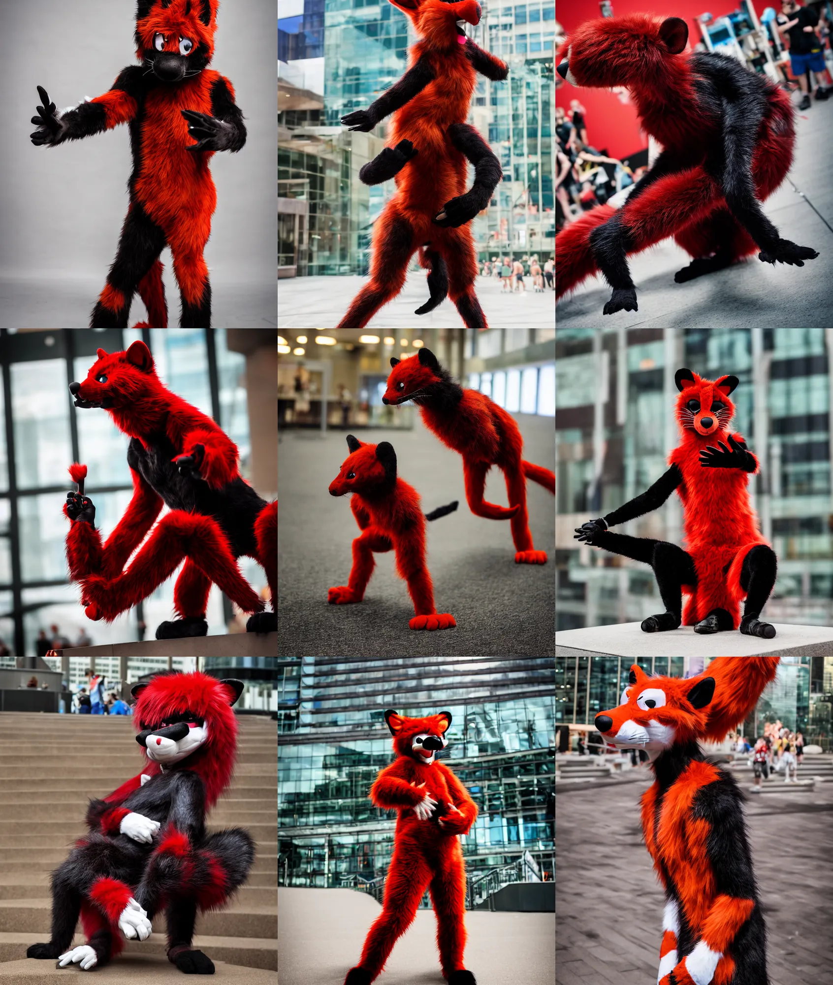 Image similar to photo of a fursuiter posing | | fullbody photoshoot photo portrait of a cute roguish male red - black furred weasel furry fursuiter ( tail attached ), key visual, taken at anthrocon ( furry convention )