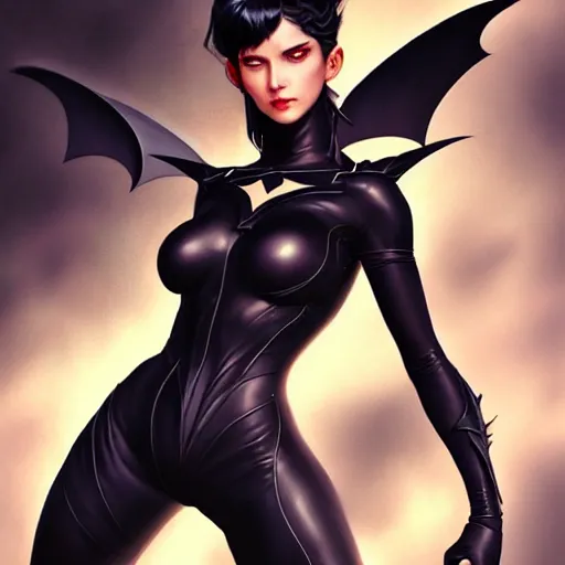 Image similar to 3 / 4 view of a portrait of bat woman with bat wings, confident pose, pixie, genshin impact,, intricate, elegant, sharp focus, illustration, highly detailed, concept art, matte, trending on artstation, anime, art by wlop and artgerm and greg rutkowski, marvel comics h 6 4 0