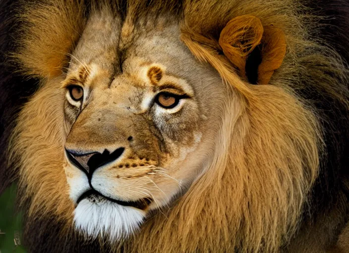 Prompt: a closeup, 4 5 mm, detailed photograph of real lion head dwarf in savana, beautiful low light, savana background, 4 5 mm, by franz lanting