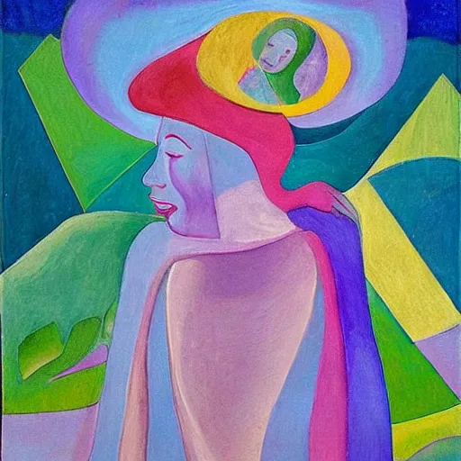 Image similar to woman in glorious robes rose up vast as the skies, old as the mountains and formless as starlight to shelter the precious memories, matter, messages, abstract art in the style of cubism and georgia o keefe