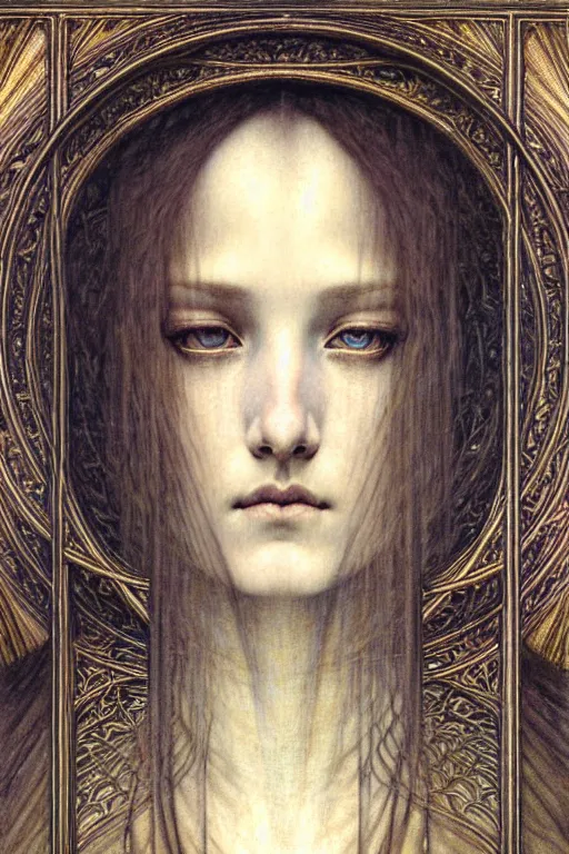 Image similar to detailed realistic beautiful young medieval queen face portrait by jean delville, gustave dore and marco mazzoni, art nouveau, symbolist, visionary, gothic, pre - raphaelite. horizontal symmetry