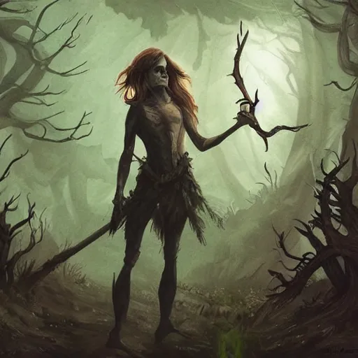 Prompt: emma watson as a goblin, dark forest, dnd art, fantasy art