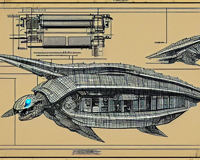 Image similar to a full page of a mechanical blueprint showing the interior of gamera, with a big head, muted colors, post grunge, studio ghibli, hq,