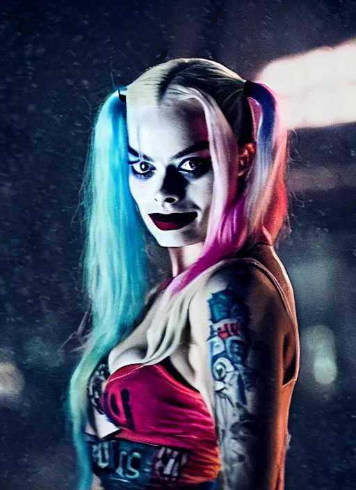 Prompt: 5 0 mm photo of beautiful suicide squad happy margot robbie with long white hair that looks like harley quinn standing on the wet street of dystopian gotham city at night, angry frown, glamour pose, watercolor, frank miller, moebius, jim lee, cinematic, ridley scott, lens flare, dramatic lighting, annie leibowitz