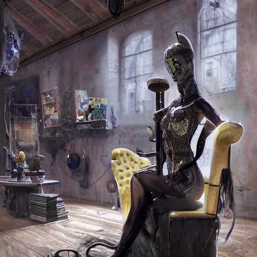 Prompt: italian solarpunk curator in an art gallery with extremely detailed headsets and gloves, inspired by die antwoord beautiful, hand painted textures, cloth physics, deviantart, karol bak, masamune shirow, black and white, photorealistic, concept art, perfect render, 3 d render, pixar, 8 k