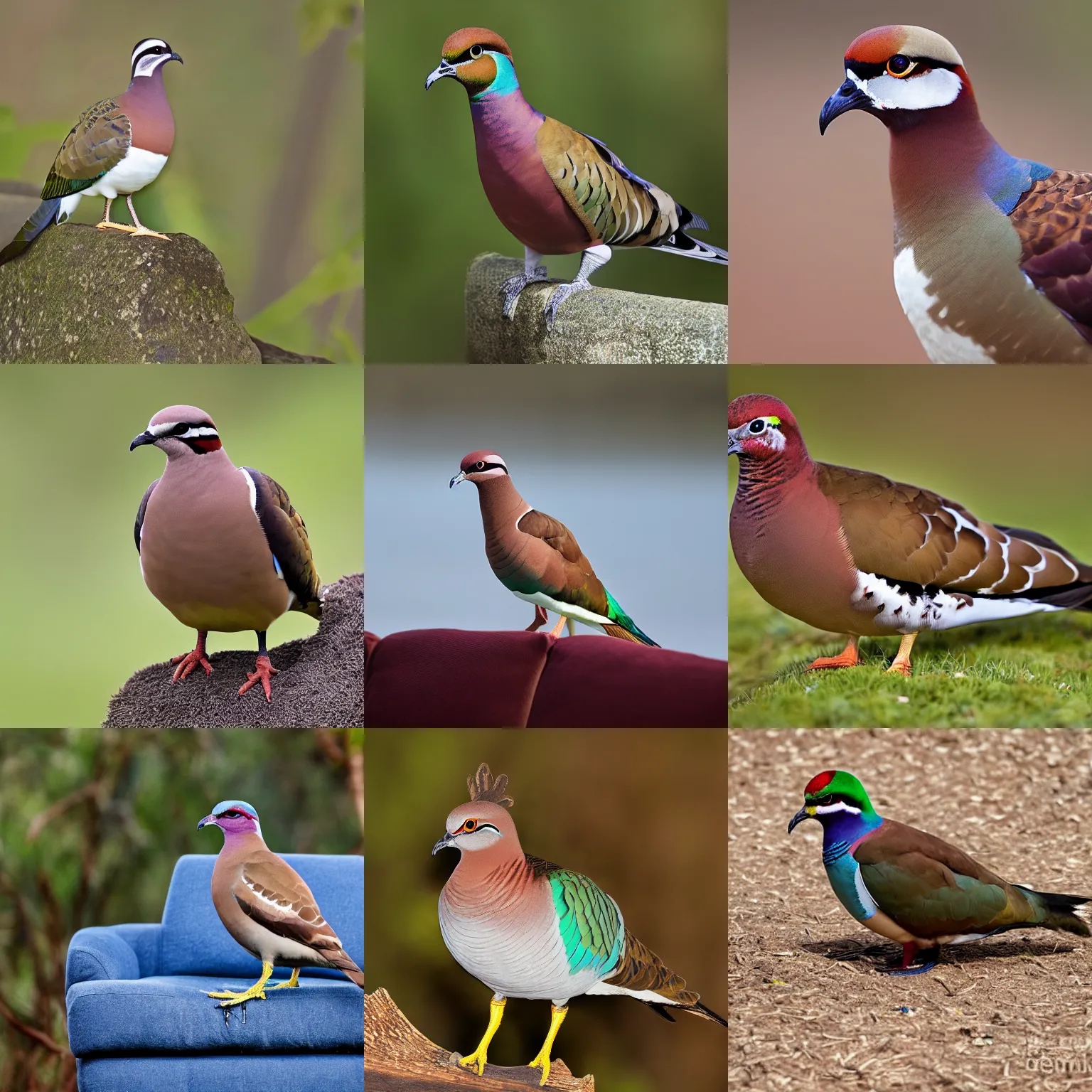 Prompt: common bronzewing bird, sitting on a couch, wildlife photography