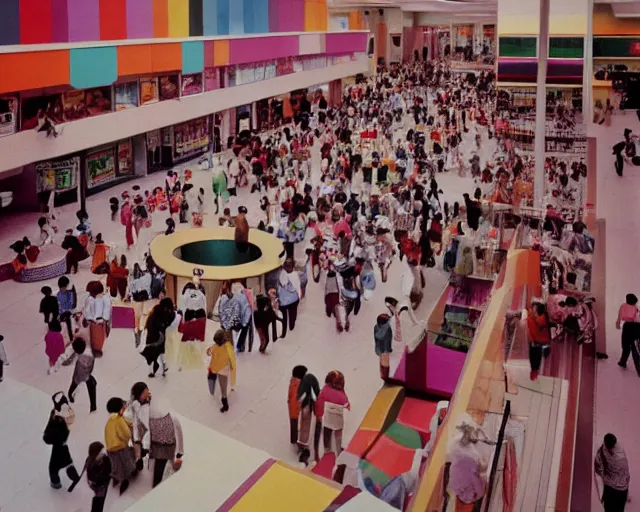 Image similar to the interior of a colorful 1 9 8 0 s mall packed with mall - goers