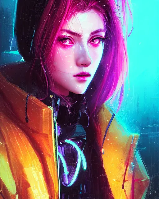 Image similar to detailed portrait katherine mcnamara neon operator girl, cyberpunk futuristic, neon, reflective puffy coat, decorated with traditional japanese by ismail inceoglu dragan bibin hans thoma greg rutkowski alexandros pyromallis nekro rene margitte, illustrated, perfect face, fine details, realistic shaded, fine - face, pretty face