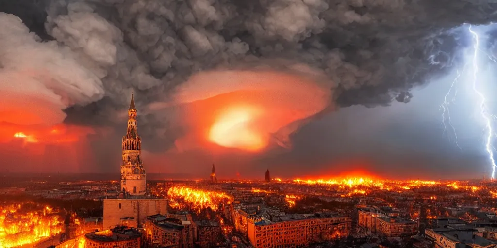 Prompt: a photo of a massive nuclear strike on Kremlin, nuclear mushroom, lots of fire, people are panicking, dark atmosphere, Kremlin towers are destroyed, cloudy weather, lightning, epic lighting, high detailed, 4k post-processing highly detailed, Soft illumination