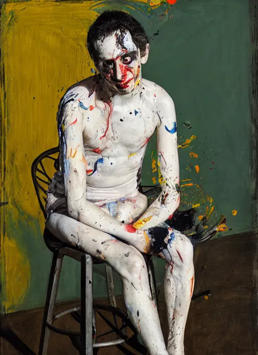 Image similar to portrait of a nervous young harlequin sitting on a stool, by vincent lefevre and hernan bas and pat steir and hilma af klint, psychological, photorealistic, symmetrical face, dripping paint, washy brush, threads, rendered in octane, altermodern, masterpiece
