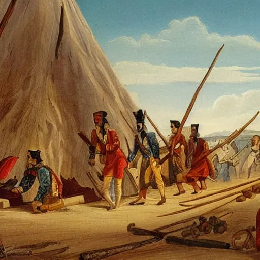 Prompt: this historical 1 7 9 0 s painting depicts a full wide shot scene from a fantastical empire that is a mix of middle eastern and scandinavian cultures. the main export of this empire is lumber, and the painting shows a group of workers carrying lumber through a desert landscape.