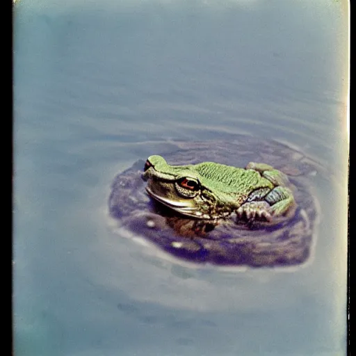 Image similar to semitranslucent smiling frog amphibian floating over misty lake in Jesus Christ pose, polaroid shot by Andrei Tarkovsky, paranormal, spiritual, mystical