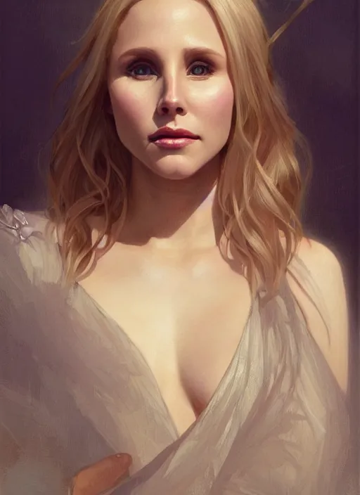 Image similar to beautiful portrait of kristen bell, soft features, by magali villeneuve and greg rutkowski and artgerm and alphonse mucha and jeremy lipkin and rob hay, intricate, elegant, highly detailed, photorealistic, trending on artstation, trending on cgsociety, 8 k, sharp focus